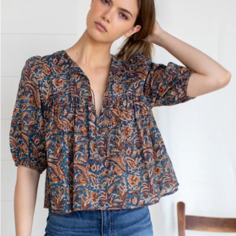 Emerson Fry Blue Paisley Cotton Split-Neck Blouse
